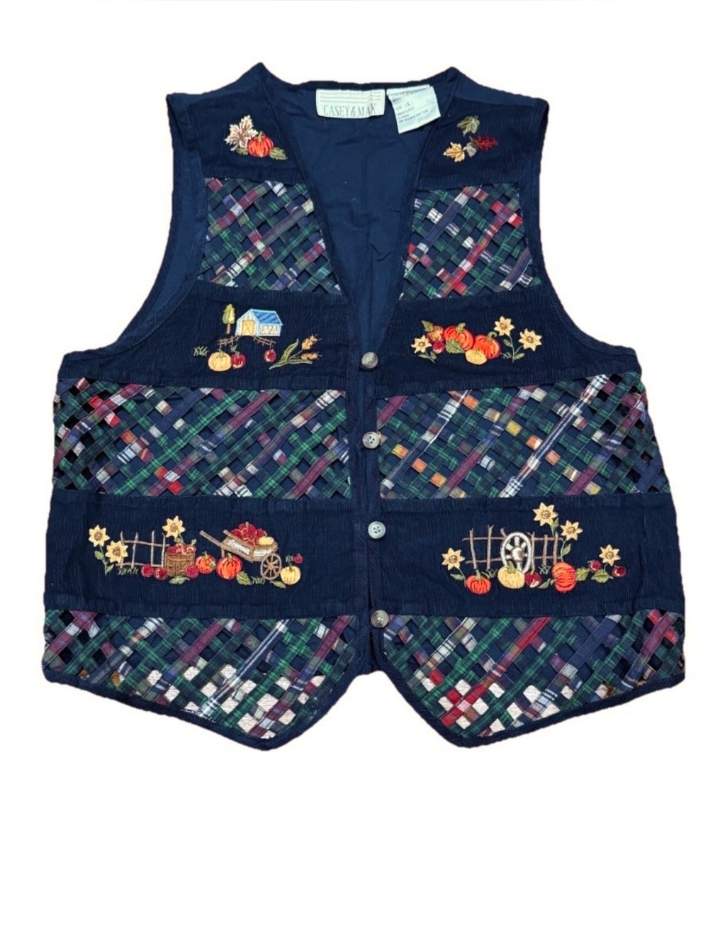 Vintage Casey & Max Women's L Embroidered Fall Corduroy Vest Patchwork Pumpkins